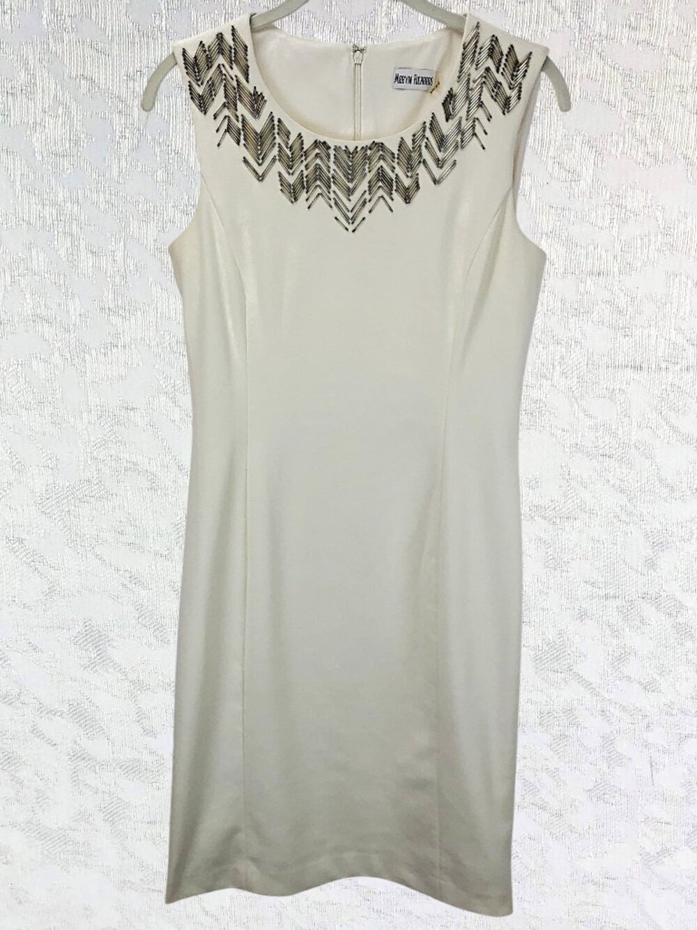 Marvin Richards Elegant Beaded Cream Cocktail Chic Sleeveless Midi Dress Size 4